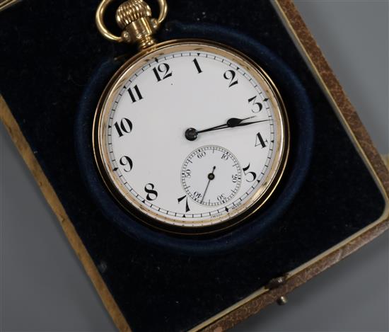 A George V 9ct gold open face keyless lever pocket watch,